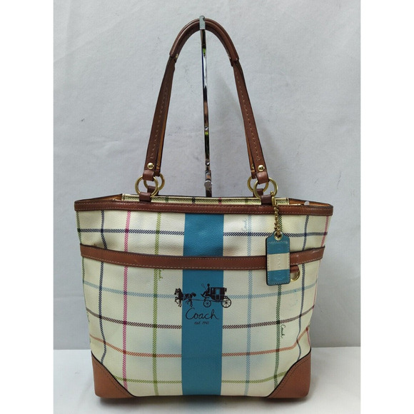 Coach Multicolor Coated Canvas Heritage Blue Stripe Tote Shoulder Bag - Picture 1 of 16